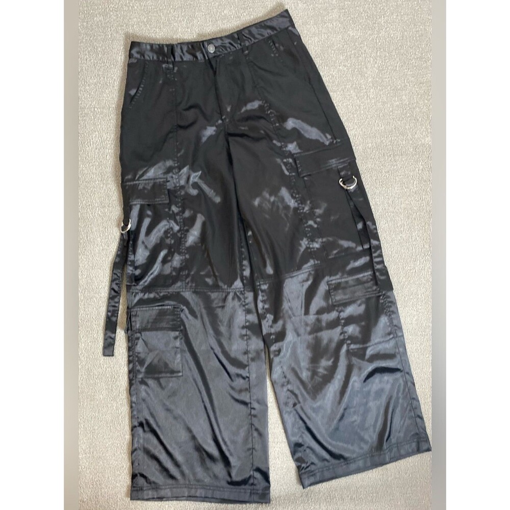 Almost Famous Black Satin Wide Leg Blokecore Utility High Rise Pants
